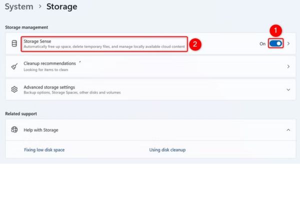 Kích hoạt công tắc Storage Sense