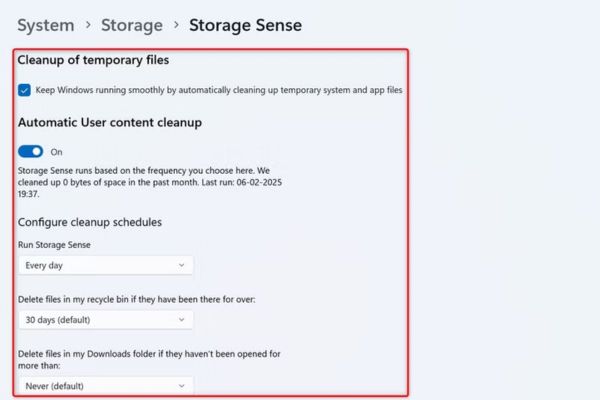 Storage Sense sẽ tự động xóa file tạm theo lịch trình bạn chọn