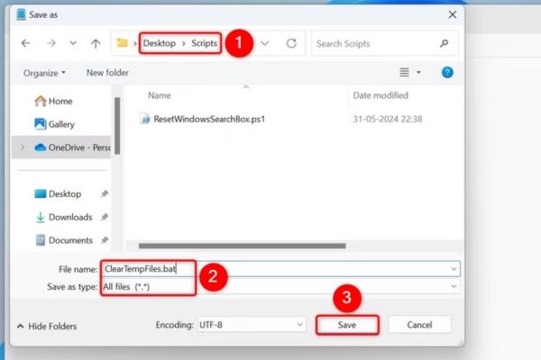 Đặt tên file là ClearTempFiles.bat