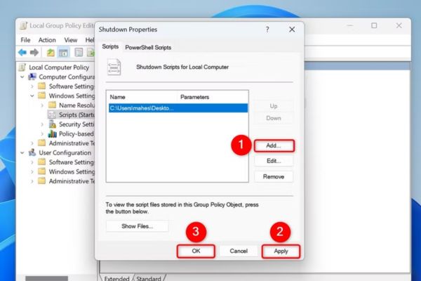 Chọn Add, thêm file ClearTempFiles.bat