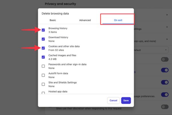 Instructions to automatically delete the web history after escaping