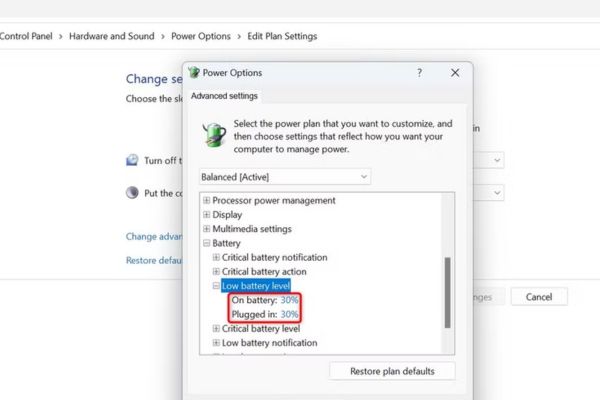 Hướng dẫn tùy chỉnh thông báo pin yếu trên Windows 11 13 Đặt mức phần trăm pin mong muốn