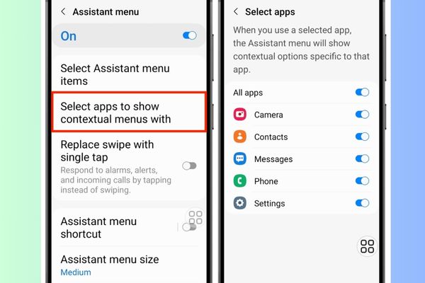 Chọn Select apps to show contextual menus with
