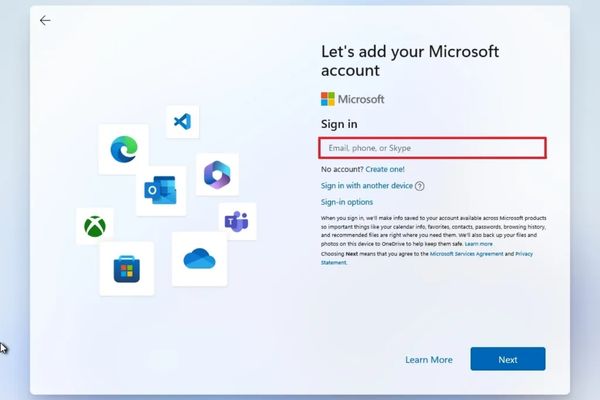 Điền email tài khoản Microsoft