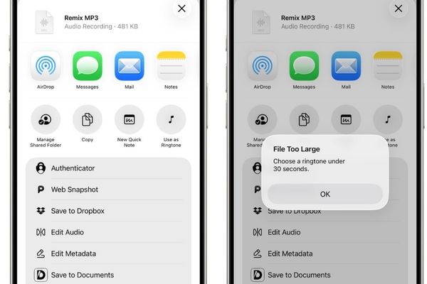 Hướng dẫn cách đặt file ghi âm làm nhạc chuông iOS 26 16 Gặp lỗi nếu file của bạn dài hơn 30 giây