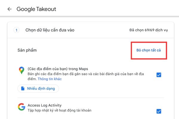 Nhấn vào nút Bỏ chọn tất cả