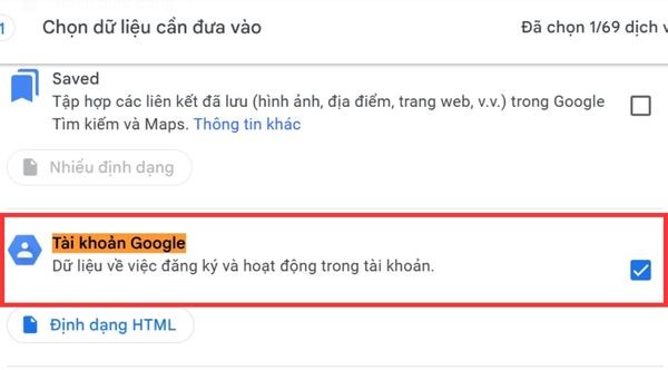 Tích vào ô Tài khoản Google