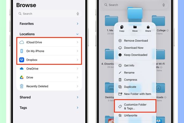 Cách đổi màu và thêm icon cho Folder iPhone 12 Nhấn vào Customize Folder & Tags