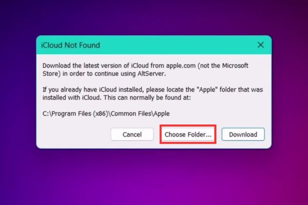 Khắc phục lỗi iCloud Not Found trên AltStore và SideStore 22 Nhấn vào Choose Folder