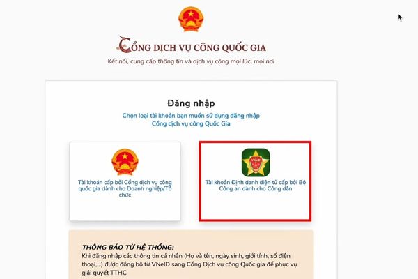Nhấn Đăng nhập bằng VNeID