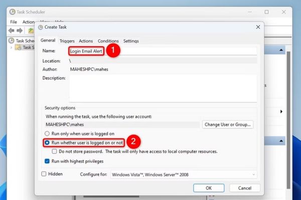 Tích chọn vào ô Run whether user is logged on or not