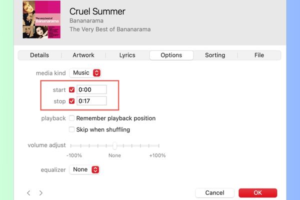 Điền vào các ô "Bắt đầu" (Start) và "Dừng" (Stop)