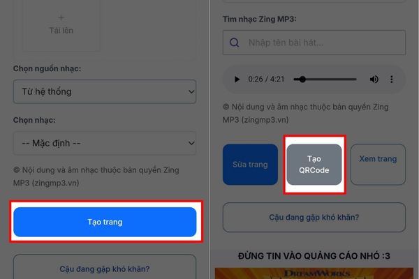 Nhấn vào nút "Tạo QR Code"