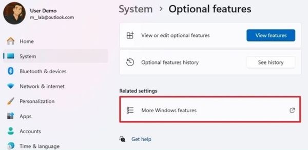 Nhấp vào More Windows features