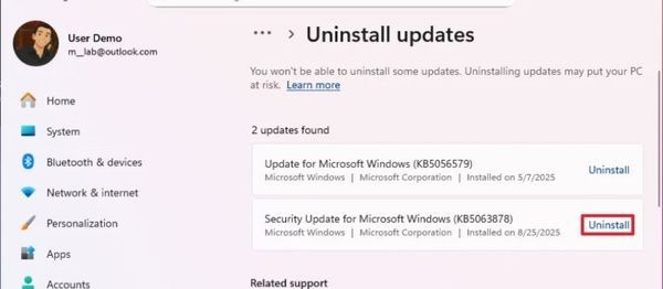 Gỡ bỏ bản cập nhật KB5063878