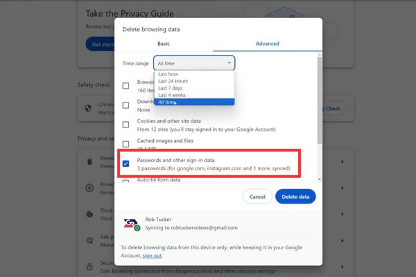 Tích vào ô Passwords and other sign-in data