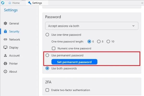 Chọn Use permanent password