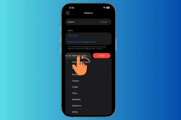 Cách cài nhạc chuông trên iOS 26 không cần GarageBand 13 Xóa nhạc chuông bằng cách vuốt sang trái, chọn Delete