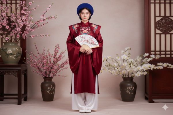 Tôn vinh vẻ đẹp hoàng gia với Áo Nhật Bình đỏ thẫm