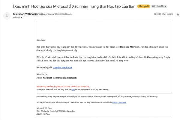 Microsoft sẽ gửi mã xác minh tư cách sinh viên