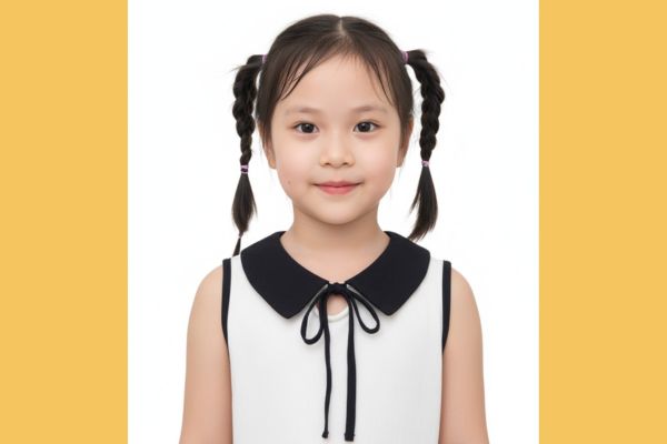 Cách làm ảnh thẻ cho con bằng AI siêu nét 13 Nét tinh nghịch với tóc bím hai bên