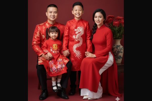 Cách ghép ảnh gia đình bằng AI theo concept sang trọng 19 Concept áo dài đỏ truyền thống ngày Tết