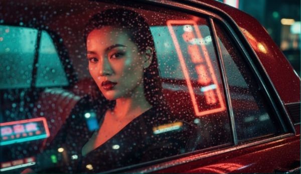 5+ Prompt to create cinematic Hong Kong style images 17 Photo in the car on a romantic rainy night