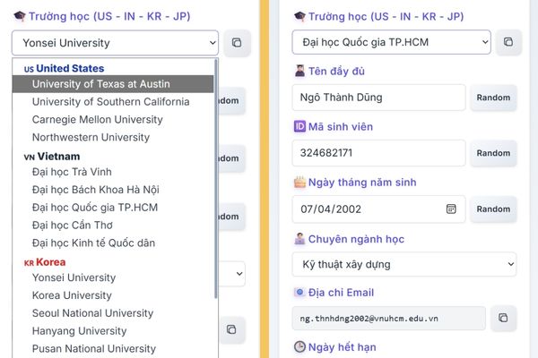 Hướng dẫn tạo thẻ sinh viên Online trường Việt Nam, Mỹ, Nhật, Hàn 11 Nhấn Random để hệ thống điền thông tin ngẫu nhiên.