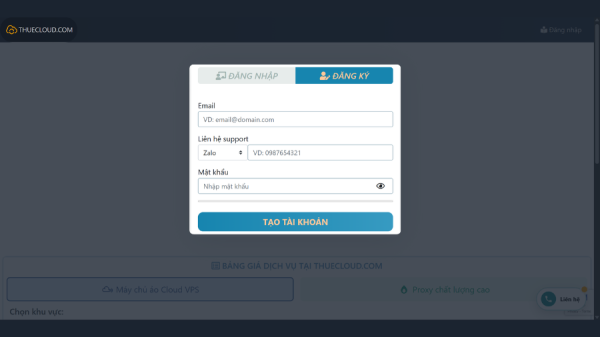Đăng ký tài khoản tại hệ thống www.thuecloud.com