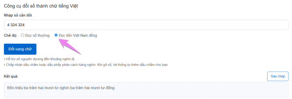 Hướng dẫn sử dụng công cụ đổi số thành chữ online cho kế toán và văn phòng 9 Chọn chế độ đọc số thường hoặc đọc tiền Việt Nam đồng