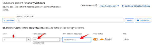Cách cấu hình IP động như IP tĩnh với Cloudflare để làm Lab tại nhà 13 tạo record A cloudflare