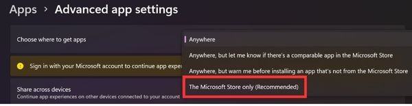 Chọn "The Microsoft Store only (Recommended)"