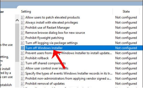 Nhấp đúp chuột vào "Turn off Windows Installer"