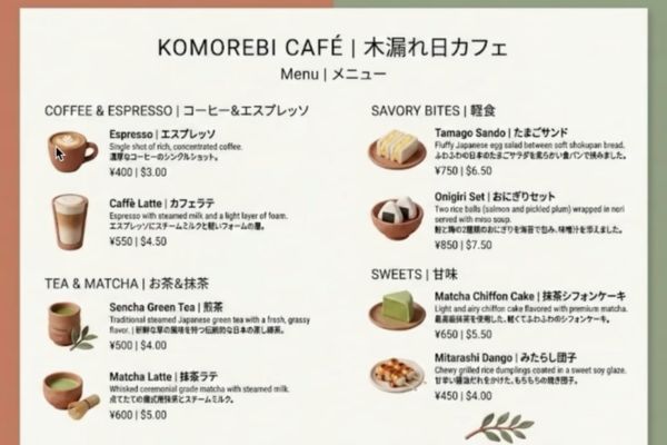 Tạo menu quán cà phê song ngữ Anh - Nhật