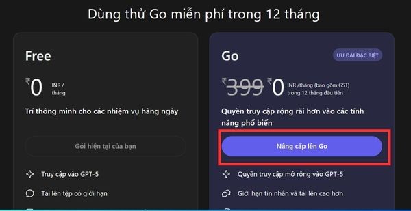 Nhấn vào nút Nâng cấp lên Go