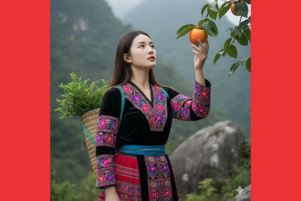 Gợi ý câu lệnh AI tạo ảnh thiếu nữ Bản Liền mộc mạc, duyên dáng 16 Câu lệnh 2: Nét đẹp thanh thản bên cành hồng