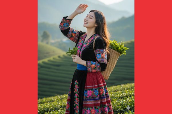 Gợi ý câu lệnh AI tạo ảnh thiếu nữ Bản Liền mộc mạc, duyên dáng 17 Câu lệnh 3: An yên giữa đồi chè