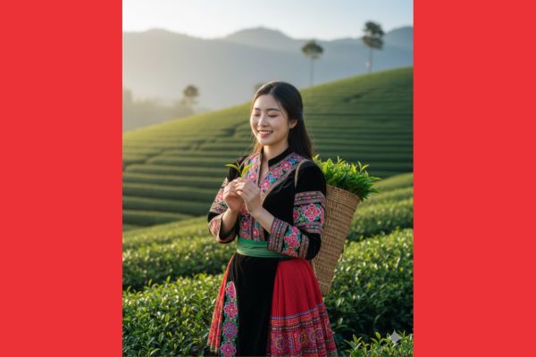 Gợi ý câu lệnh AI tạo ảnh thiếu nữ Bản Liền mộc mạc, duyên dáng 18 Câu lệnh 4: Nụ cười thanh tao bên búp trà