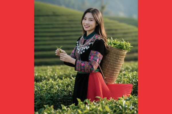 Gợi ý câu lệnh AI tạo ảnh thiếu nữ Bản Liền mộc mạc, duyên dáng 19 Câu lệnh 5: Dáng hình cô gái hái chè