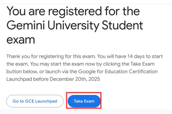 Hướng dẫn thi chứng chỉ Gemini Google miễn phí và Đáp án 13 Nhấn Take Exam
