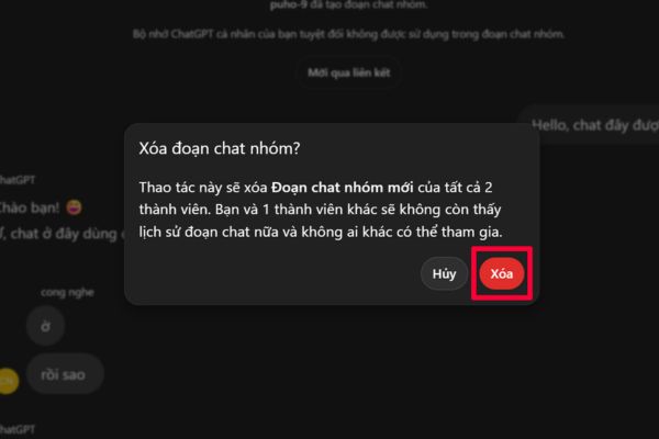 Cách xóa đoạn chat nhóm trên ChatGPT