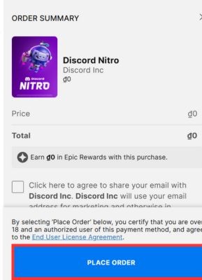 Hướng dẫn nhận 1 tháng Discord Nitro miễn phí từ Epic Games 12 Nhấn vào nút "Place Order"