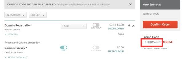 Hướng dẫn đăng ký Domain .online, .site, .store miễn phí tại Namecheap 14 Nhập mã khuyến mãi FREEDOMAIN25