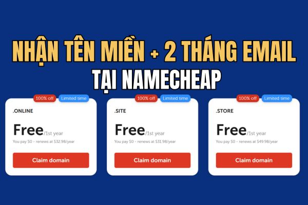 Instructions for registering .online, .site, .store domains for free at Namecheap