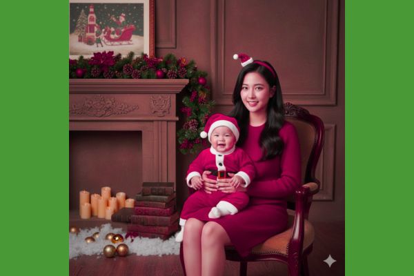 5+ prompt tạo ảnh Giáng sinh cho mẹ và bé lung linh tại nhà 11 Prompt 2: Phong cách cổ điển bên lò sưởi ấm cúng