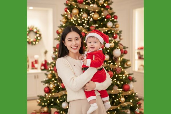5+ prompt tạo ảnh Giáng sinh cho mẹ và bé lung linh tại nhà 12 Prompt 3: Rạng rỡ bên cây thông Noel lung linh