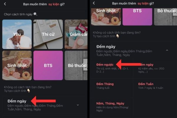 Hướng dẫn cài Widget Countdown Tết 2026 cho điện thoại 7 Chọn tiếp tính năng Đếm ngược