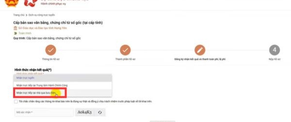 Chọn hình thức nhận kết quả tại nhà