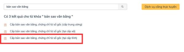 Chọn "Cấp bản sao văn bằng, chứng chỉ từ sổ gốc (tại cấp tỉnh)"