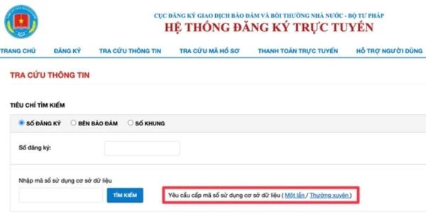 Cách kiểm tra nhà đất có bị thế chấp online cực đơn giản 9 Chọn Yêu cầu cấp mã số sử dụng cơ sở dữ liệu